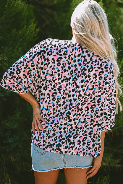 Pink Multicolor Leopard Print gegen Hals Übergroße Bluse