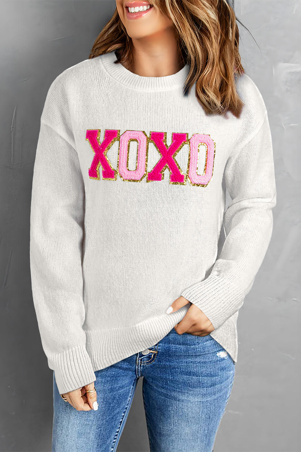 Hvit XOXO Glitter Print Rund Hals Casual Genser