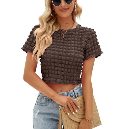 Women Popcorn Cropped Short Sleeve Top T-Shirt