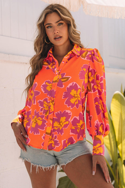 Oranje bloemenprint lantaarn mouw shirt