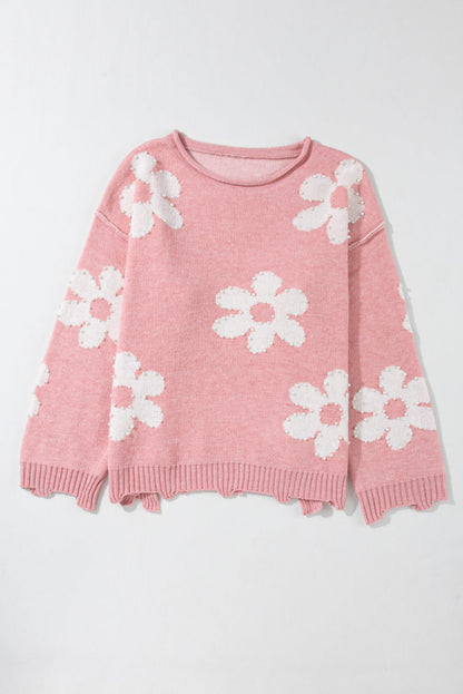 Pull multicolore à épaules tombantes et fleurs perlées