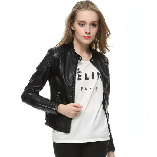 Standing Collar Motorcycle Pu Slim Leather Jacket Women Short