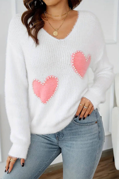 Hvit Pearl Beaded Heart Pattern Fuzzy V-hals genser