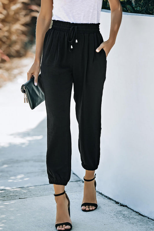 Black Solid Color Drowstring Smocked Waist Joggers