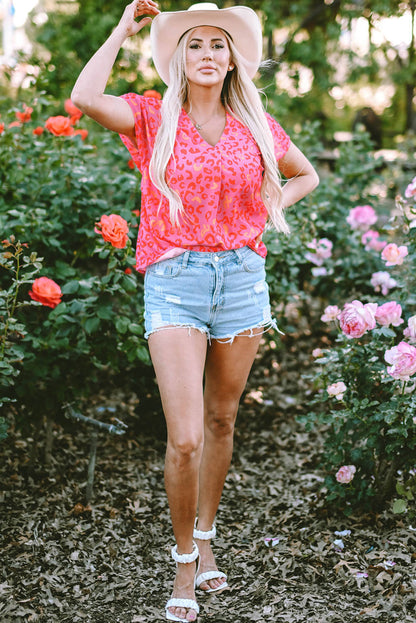 Pink Leopard V Neck Short Sleeve Blouse