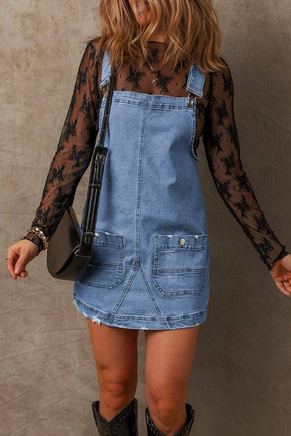 Dusk Blue Pocketed Adjustable Straps Denim Overall Dress