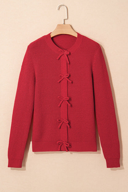 Cardigan boutonné en tricot côtelé rouge vif avec nœud sur le devant