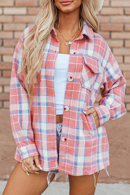 Pink Plaid Flap Pocket -knapp Up Shacket