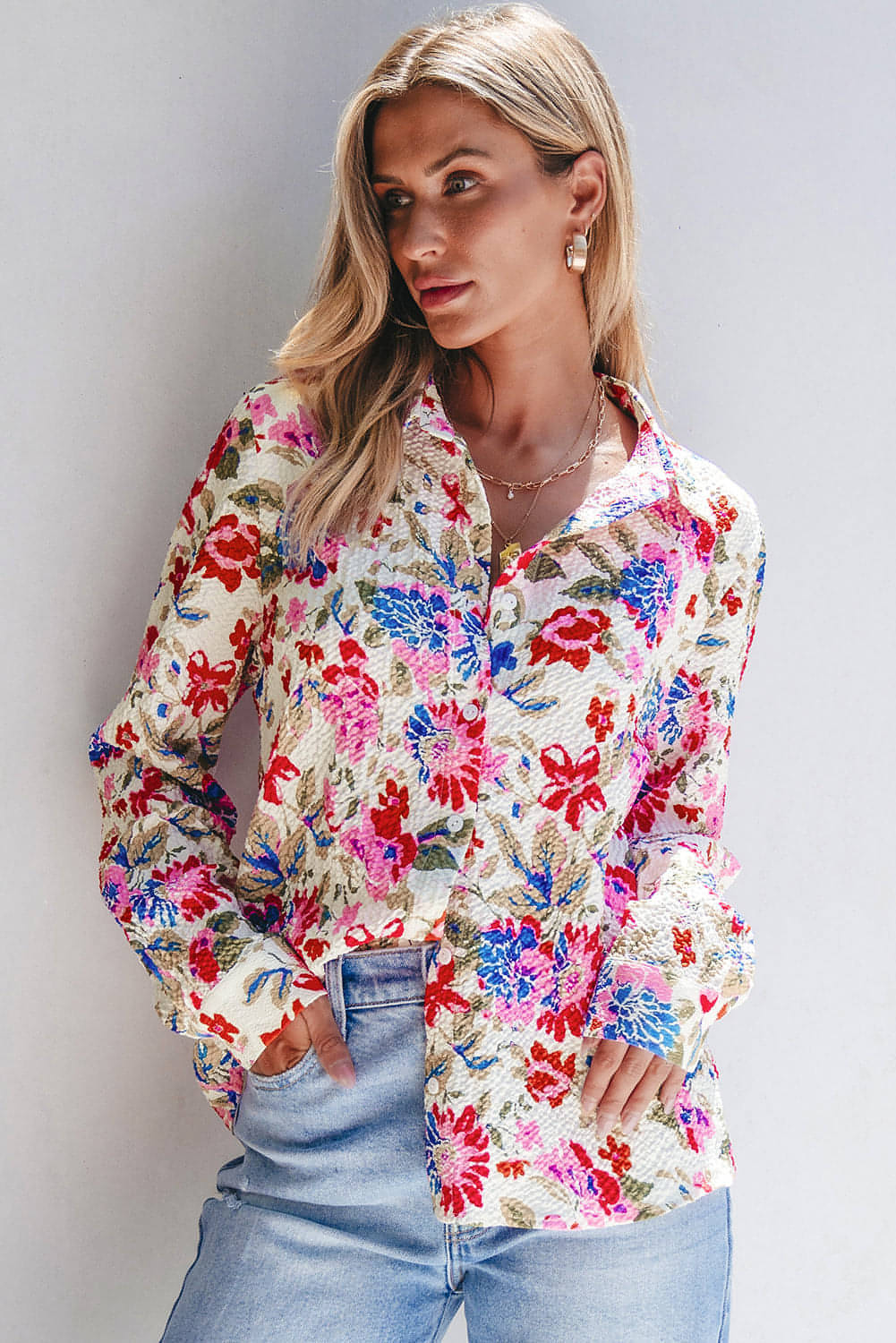 Red Floral Print Slim Fit Buttoned Turn Down Collar Shirt