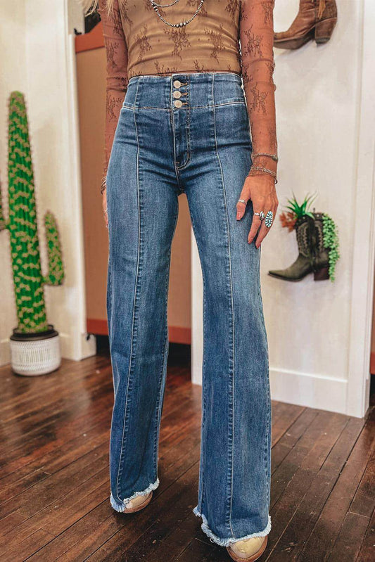 Jeans svasati con orlo grezzo cucito con bottoni a vita alta blu vela