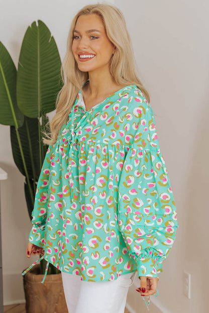 Green Abstract Printed Lace-up Lantern Sleeve Babydoll Blouse