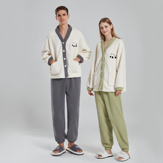 Pijamas de pareja para mujer, ropa informal gruesa de invierno de forro polar coral, pijamas de pareja de dibujos animados de medio terciopelo con diseño de panda