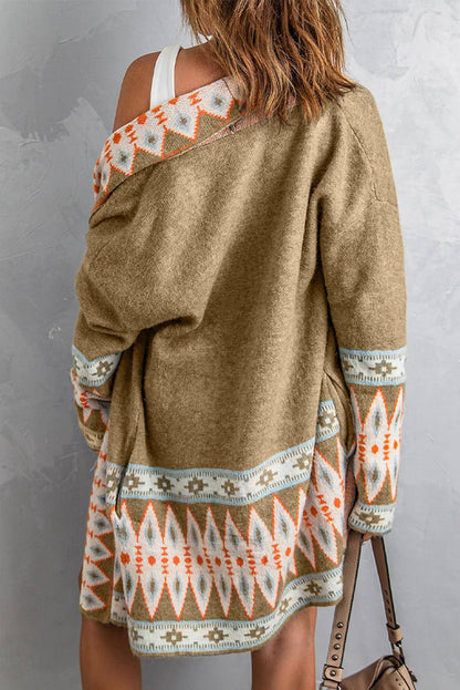 Khaki Aztec Print Open Front Strick Cardigan