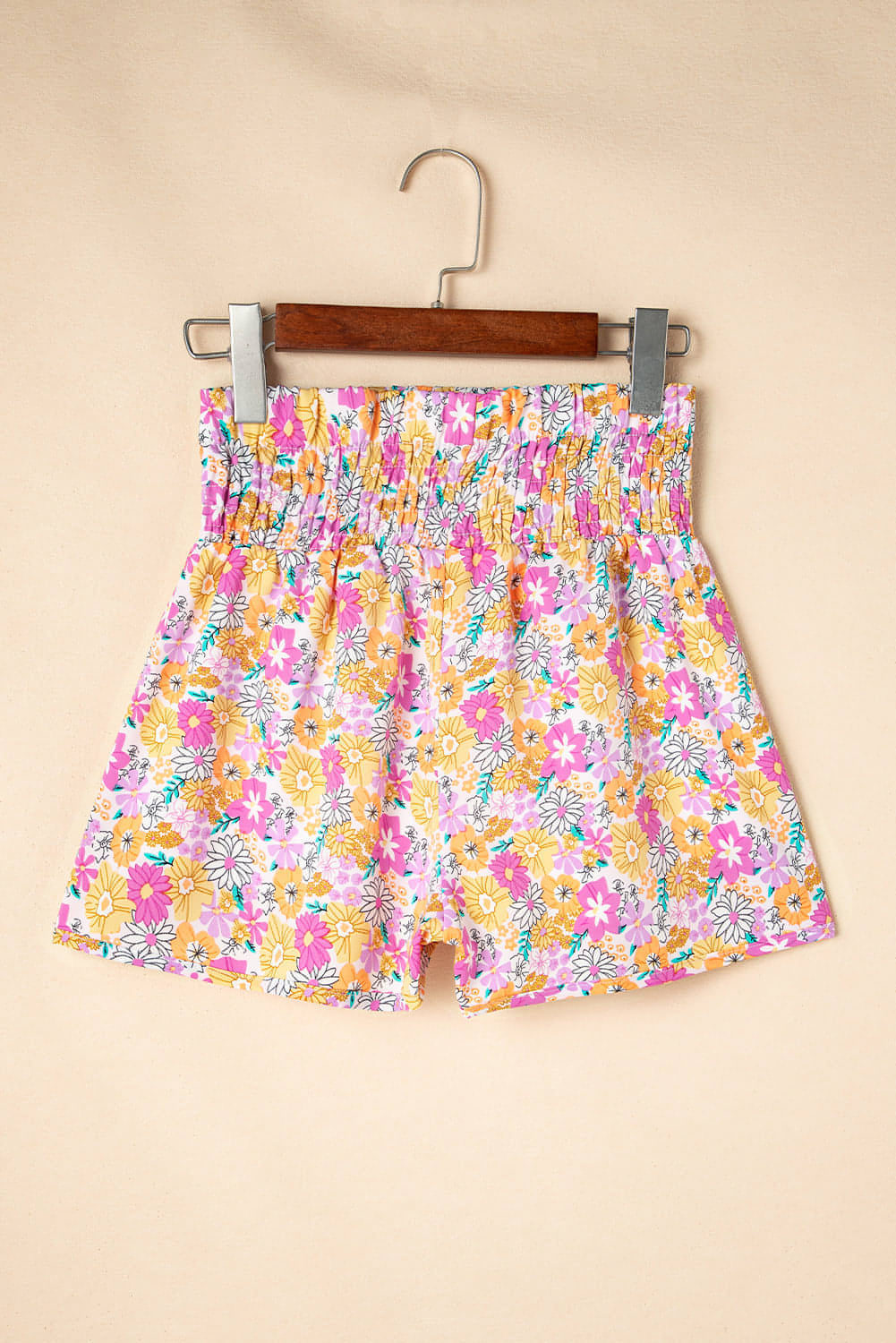 Pink Boho Floral Shirred High Waist Casual Shorts