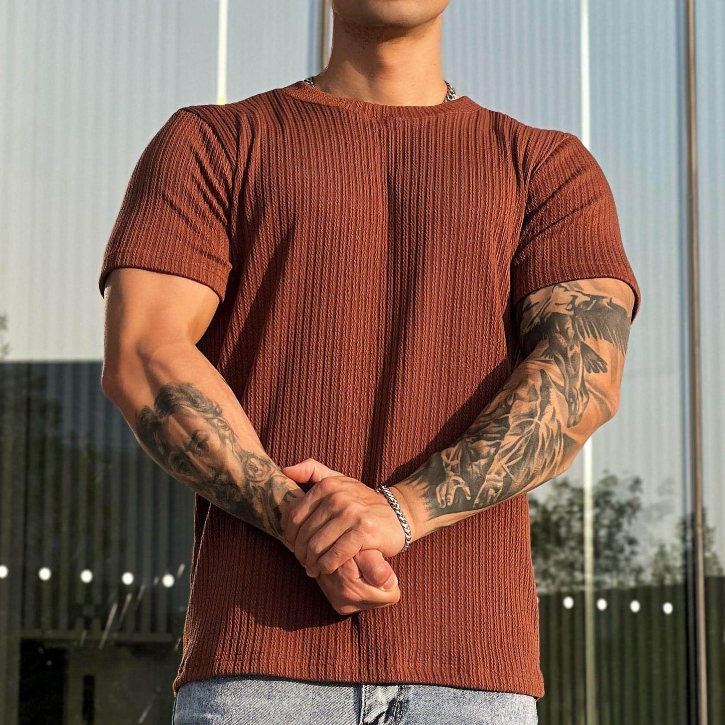 A1. Simplicity All-matching Slim Fit Breathable Stretch Sports Fitness Round Neck Short Sleeve T-Shirt