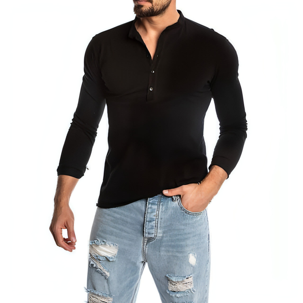 Camisetas de cuello redondo y manga larga de color liso a la moda para hombre