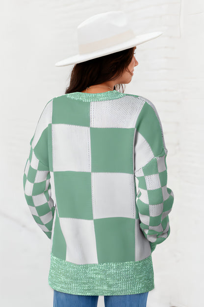 Mint Green Checkered Print Drop Shoulder tröja