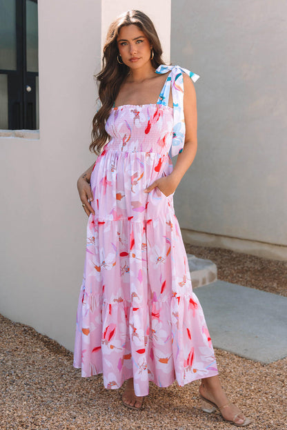 Rosa Floral Print Knotted Shoulder Smocked Maxi Dress