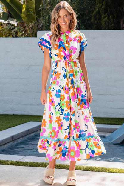 Roze Ricrac-versiering maxi-jurk met bloemenmouwen en knoopsluiting