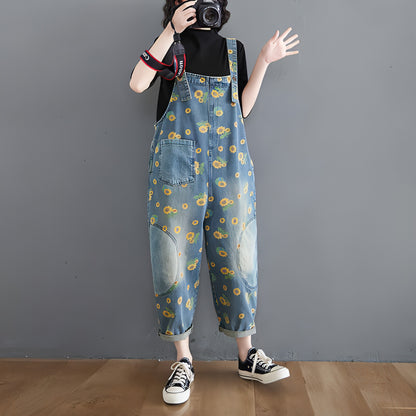 Women's Summer Retro Literary Print Denim Overalls