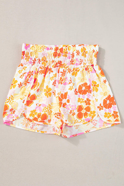 Orange Boho Floral Shirred High Waist Casual Shorts