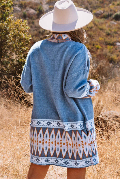 Cardigan i thurur me printim blu Aztec të hapur