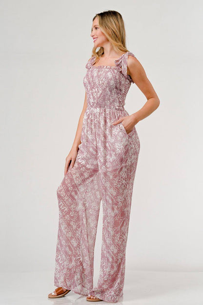 GeeGee – Bedruckter Jumpsuit mit weitem Bein und Bindebändern an den Schultern