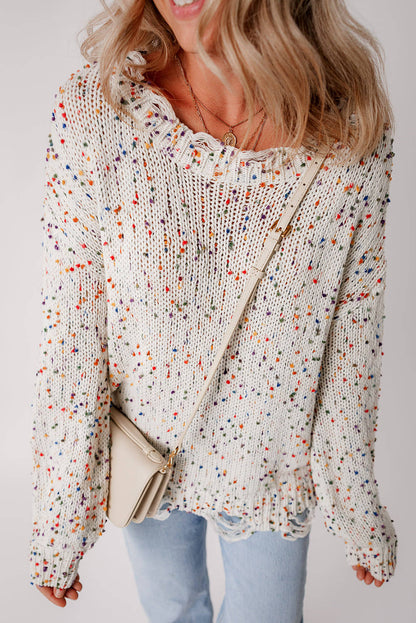 Pull en tricot vieilli à confettis colorés blancs