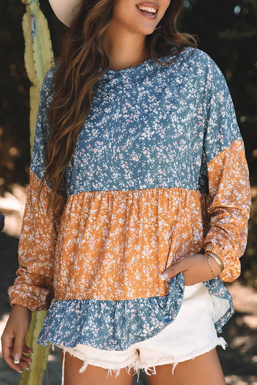 Orange Floral Color Block Patchwork Ruffled Hem Round Neck Blouse