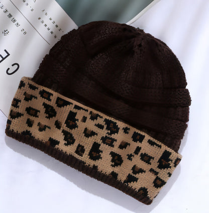 Ladies Autumn Winter Leopard Print Cuffed Acrylic Knitted Hat