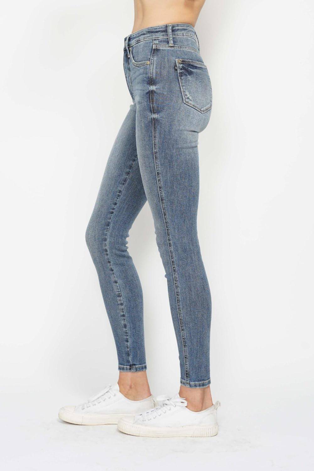 Judy mavi tam boy karın kontrol kontrast yıkama skinny jeans