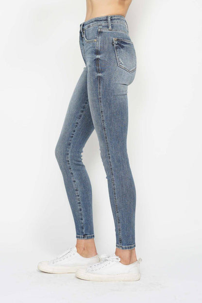 Judy mavi tam boy karın kontrol kontrast yıkama skinny jeans