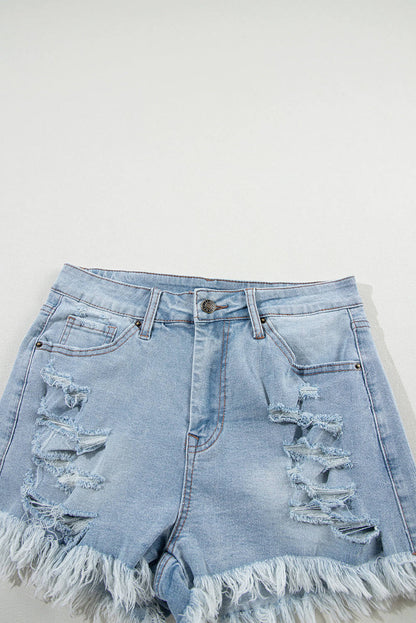 Light Blue Distressed Ripped Raw Hem High Waist Denim Shorts