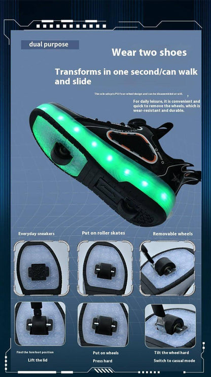 Mesh Double Wheel Heelys Children's Luminous Charging Roller Skating Deformation Skate Shoes