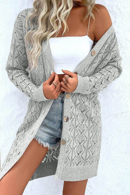 Botões Cinza Hollow Out Long Cardigan