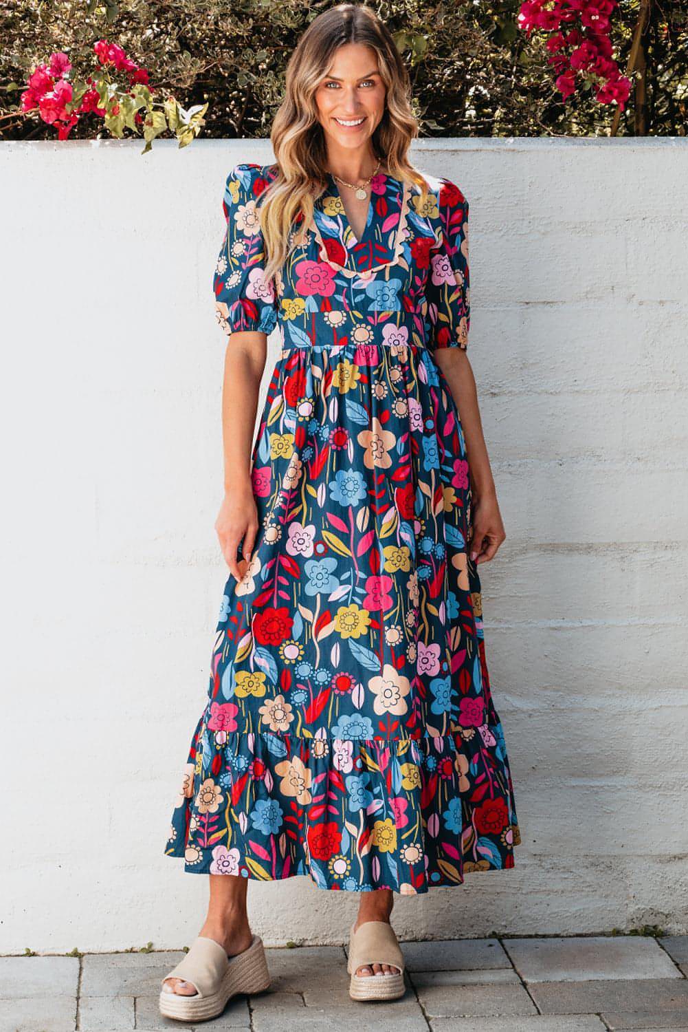 Green Retro Floral Printed Split Neck Maxi Dress