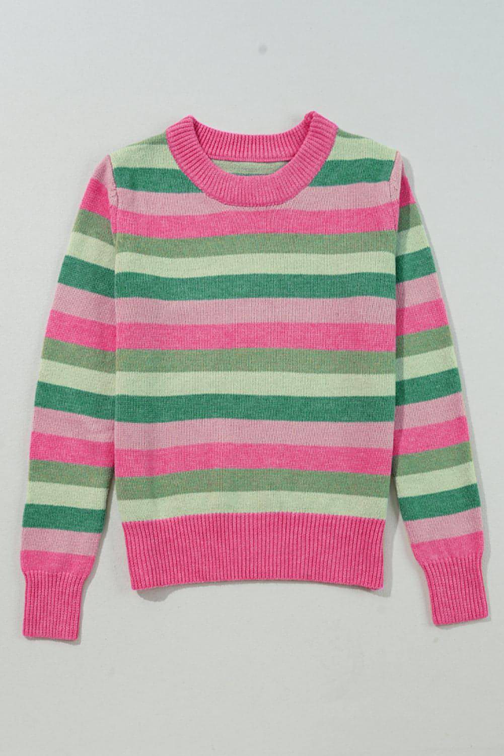 Green Color Block Ribbed Edge Round Neck Sweater