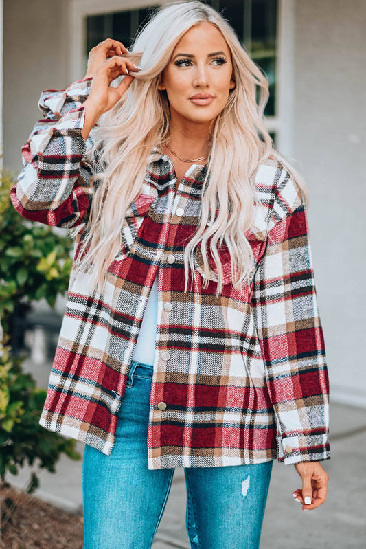 Fiery Red Geometric Plaid Print Pocketed Shacket