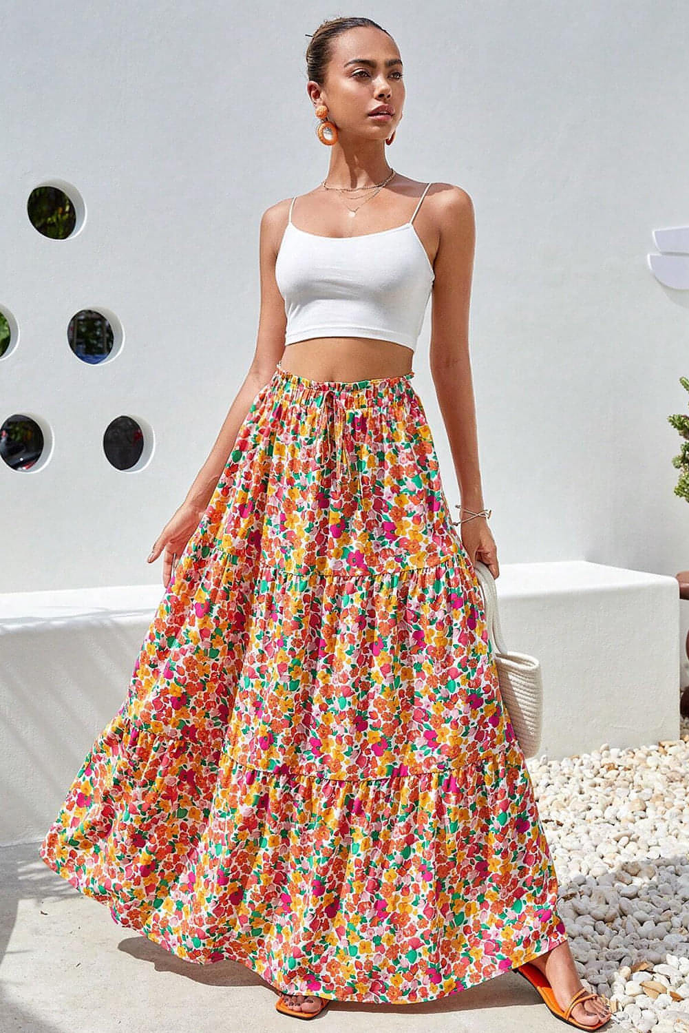 Gele Boho bloemenprint gelaagde lange rok