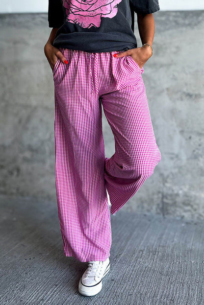 Pink Plaid Print Drawess High Taille Wide Bein Casual Hosen