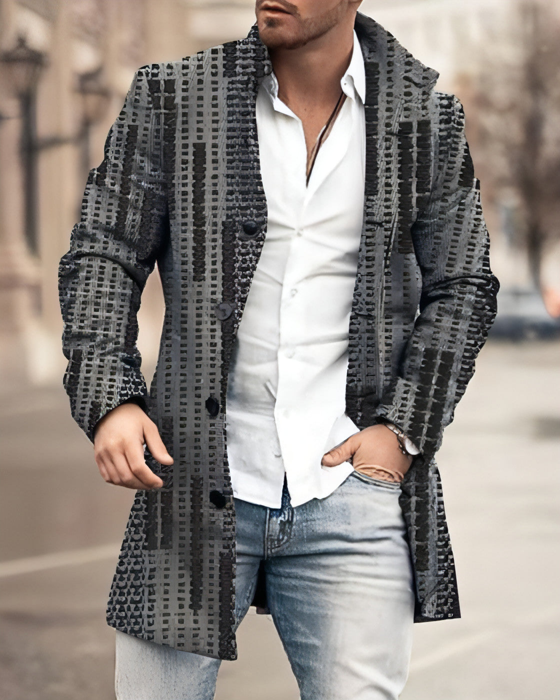 Men's Woolen Stand Collar Mid-length Trench Coat