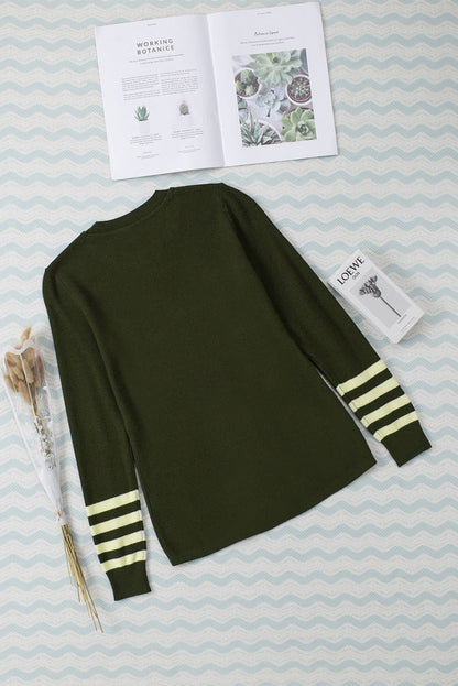 Green Striped Sleeve Plain Knit Sweater