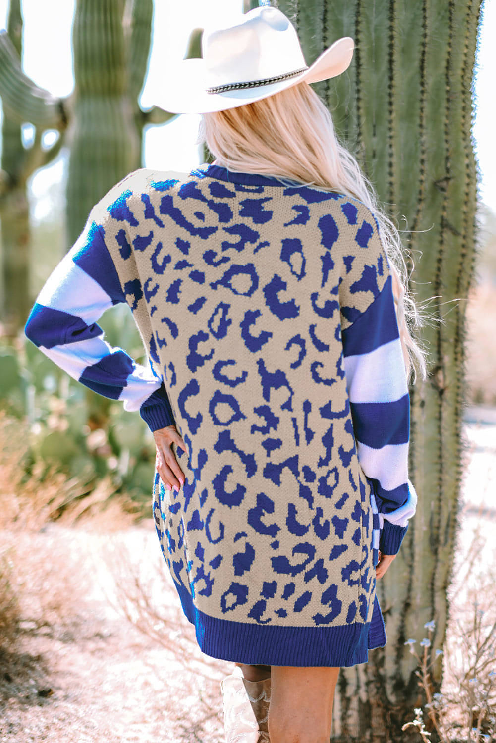 Dark Blue Stripe Sleeve Leopard Print Open Front Cardigan With Pockets