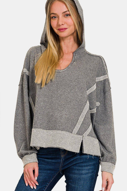 Zenana kontrast trim slits hoodie